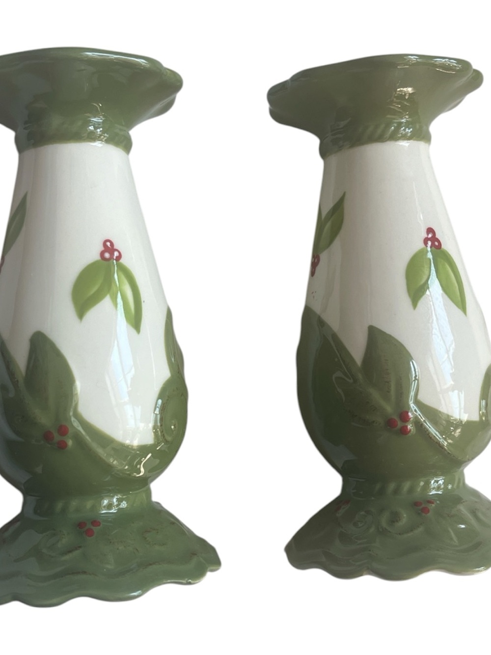 New Green and White Ceramic Holly Candle Holders - Set of 2